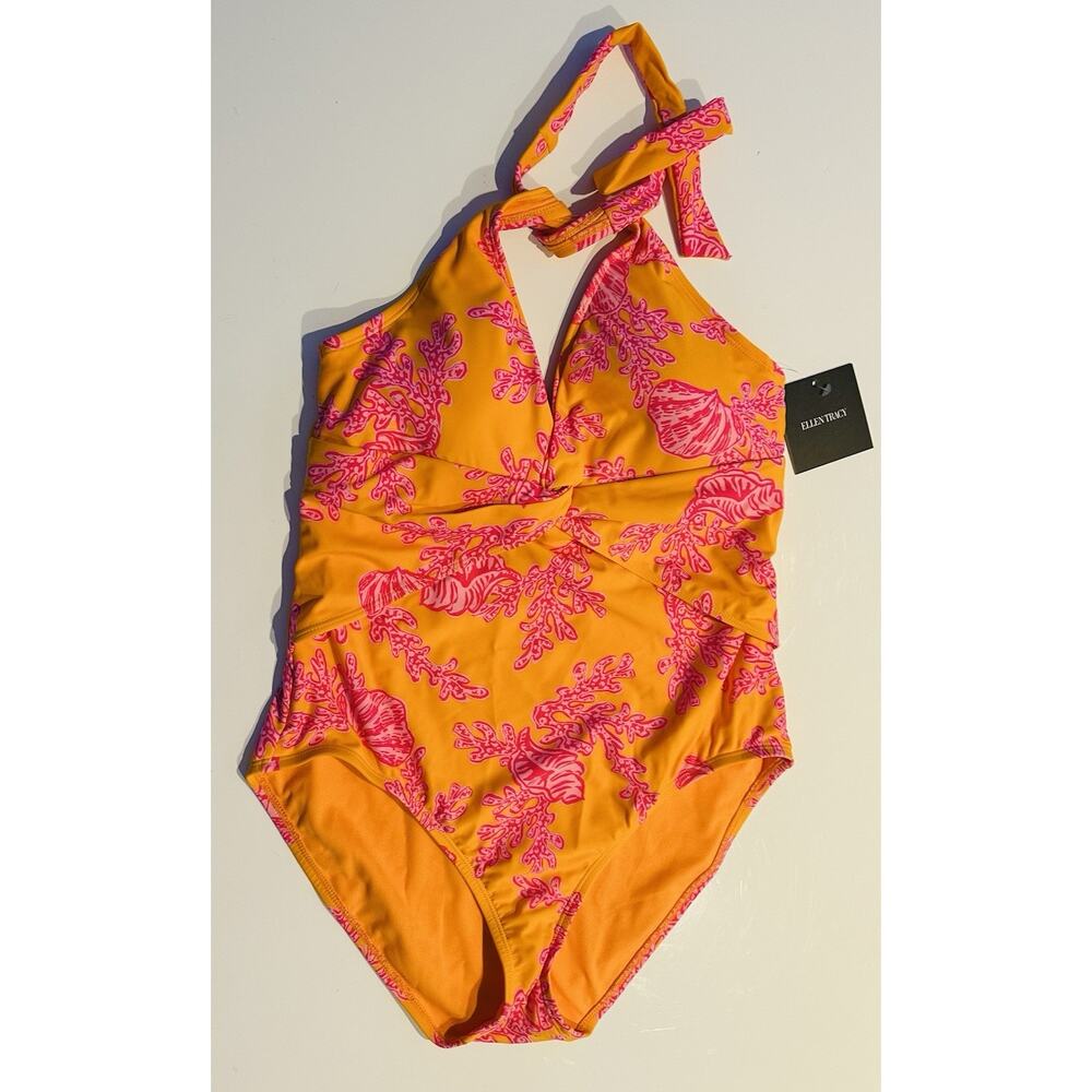 Ellen Tracy One Piece Swimsuit Paisley Ruched Halter Size 14 NWT Orange Shells